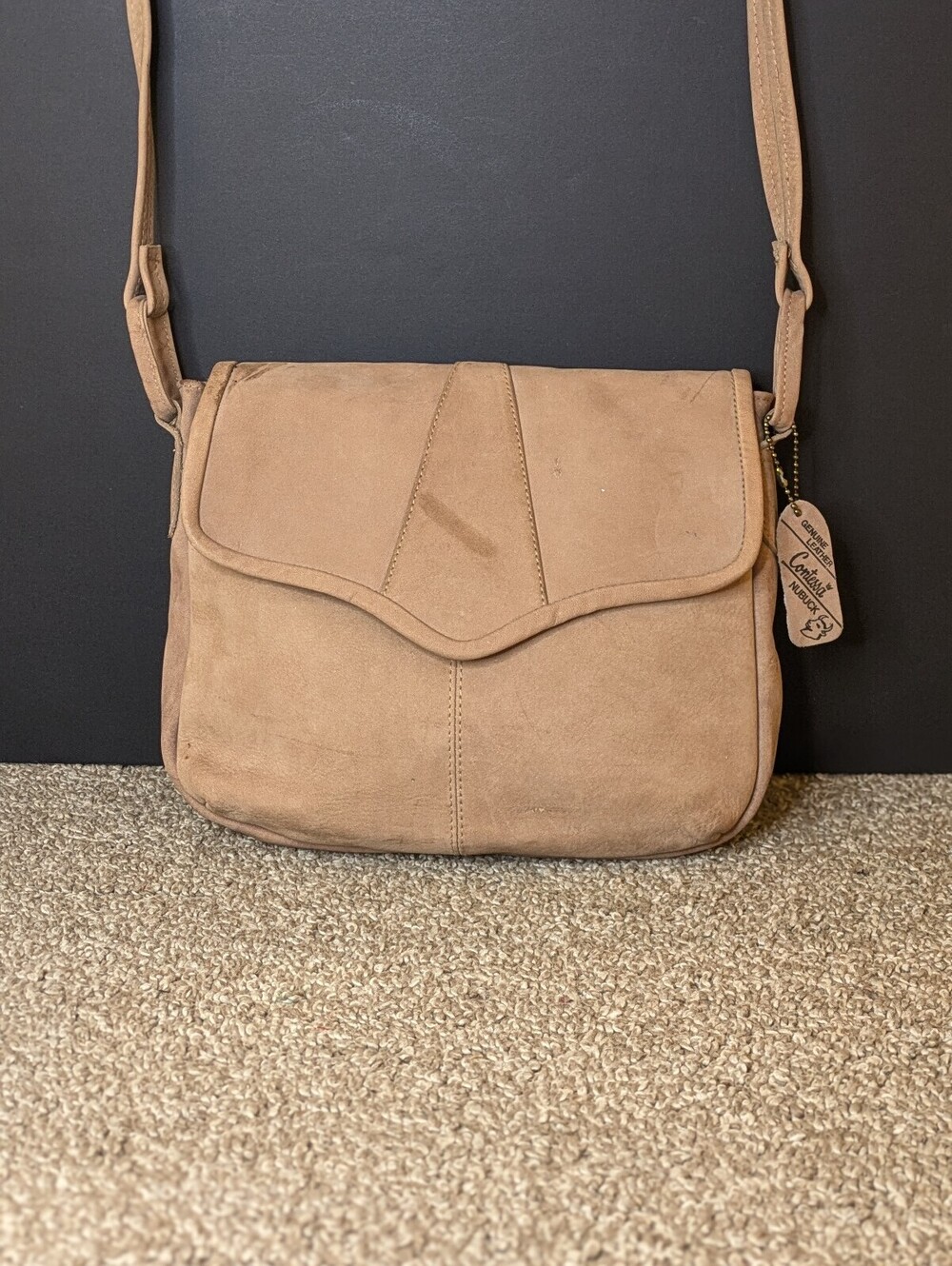 Contessa Crossbody Bag Vintage Tan Nubuck Genuine Leather Flap Purse